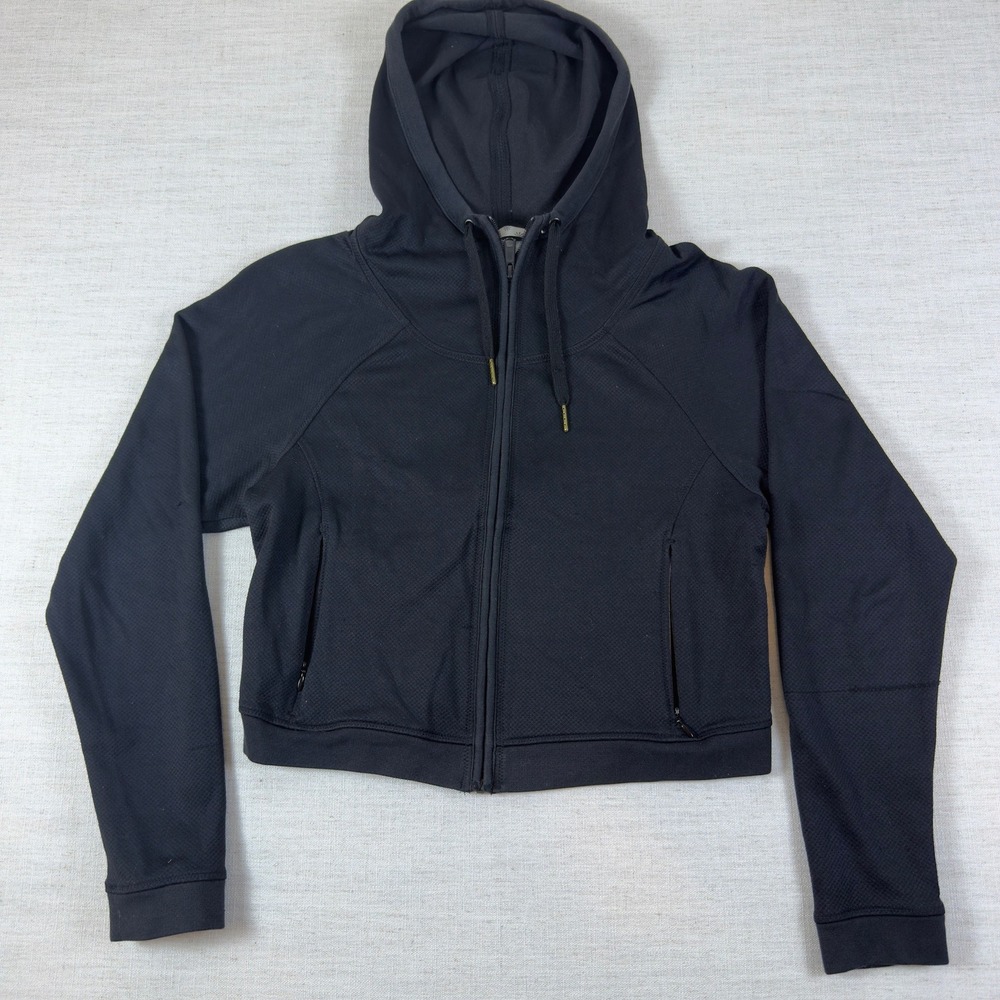 Athleta Black Textured Diamond Grid Full Zip Cropped Hoodie Sweatshirt Small